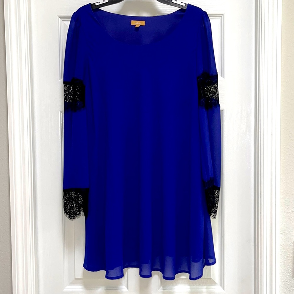 Formal Blue Dress with Black Lacey Sleeves